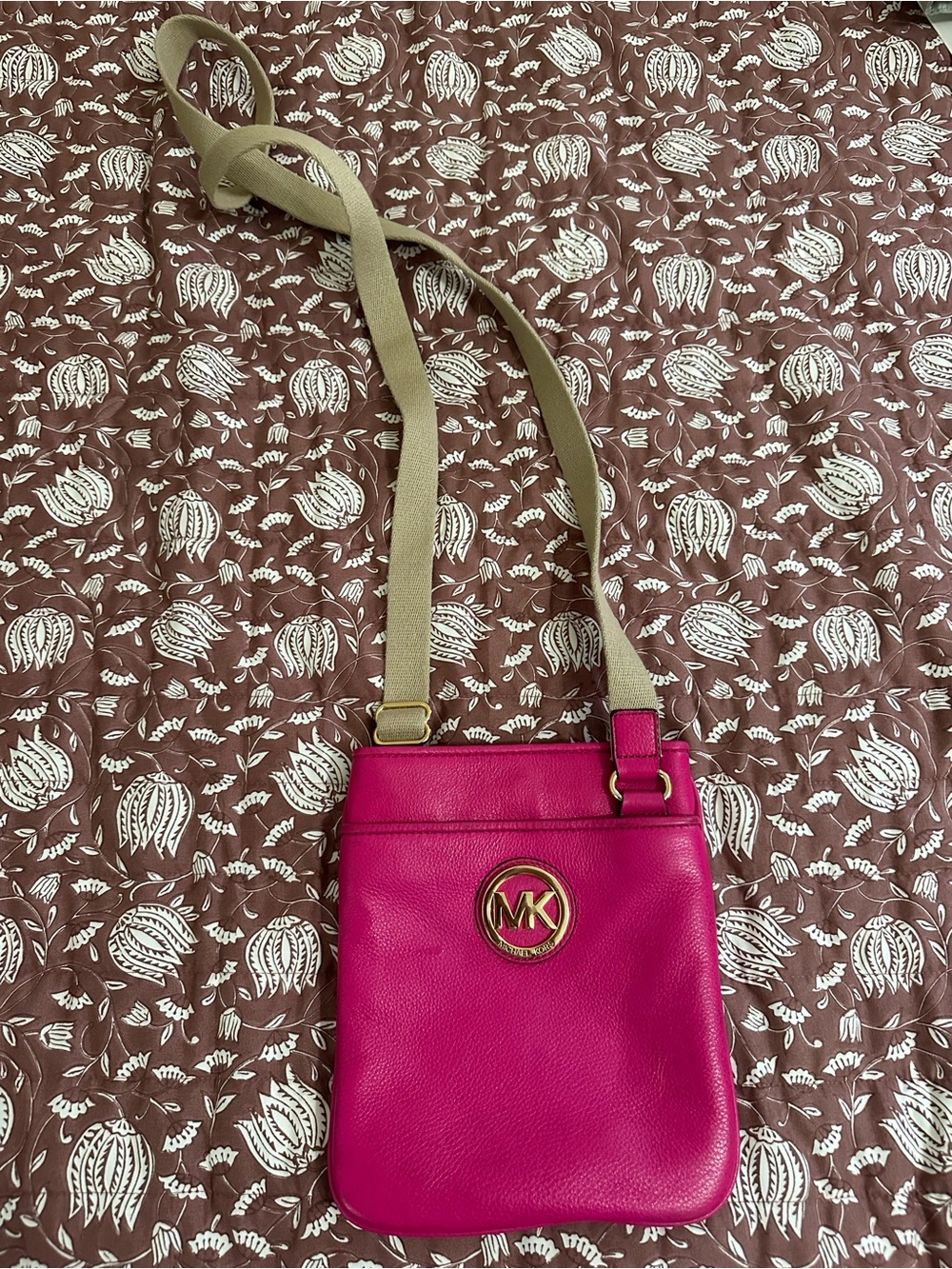 Michael Kors Hot Pink Leather Crossbody with Beige Strap